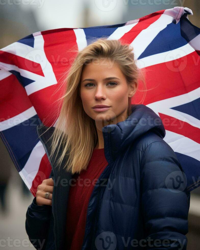 a young woman is holding an union jack flag generative ai photo