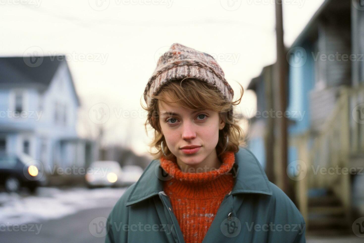a young woman in an orange sweater and a beanie generative ai photo