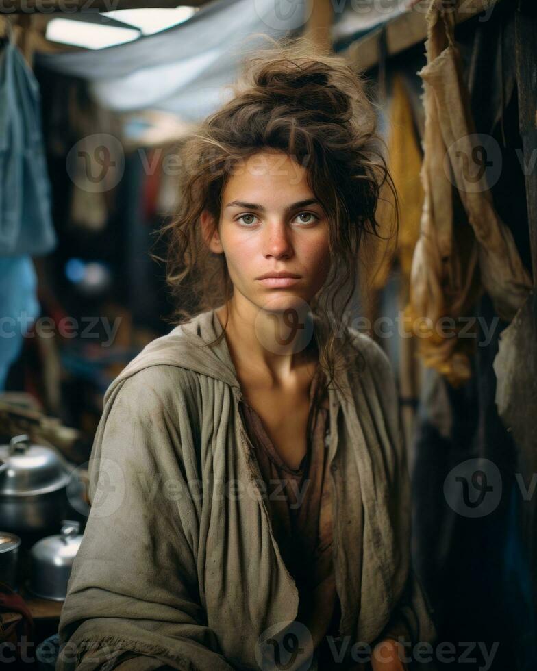 a young woman is sitting in front of a pile of clothes generative ai photo