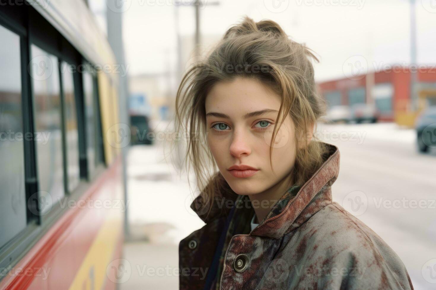 a young woman is standing in front of a bus generative ai photo