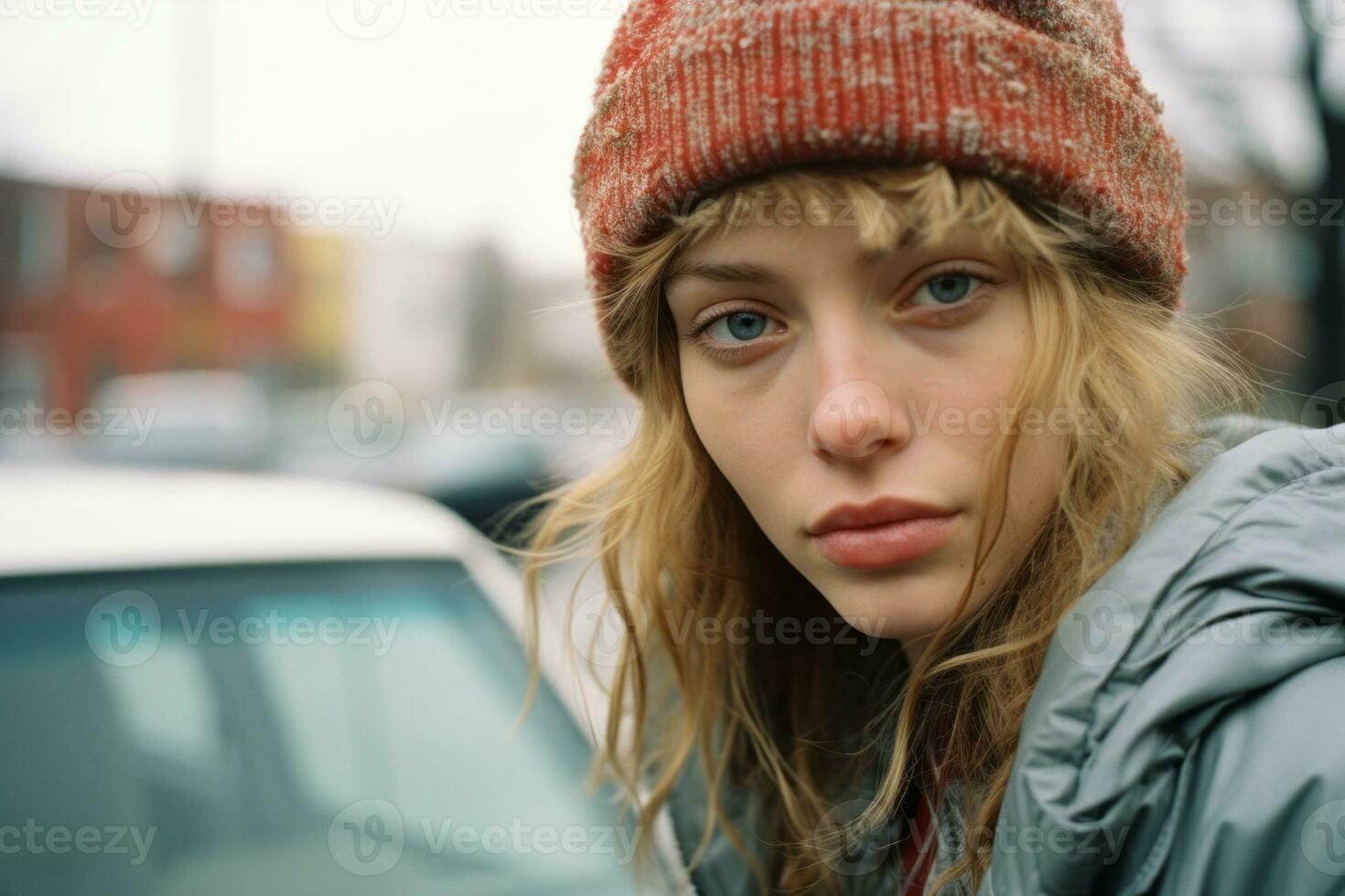 a young woman wearing a beanie and jacket standing in front of a car generative ai photo
