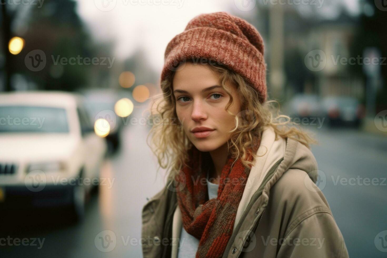 un joven mujer vistiendo un gorro y bufanda en el calle generativo ai foto