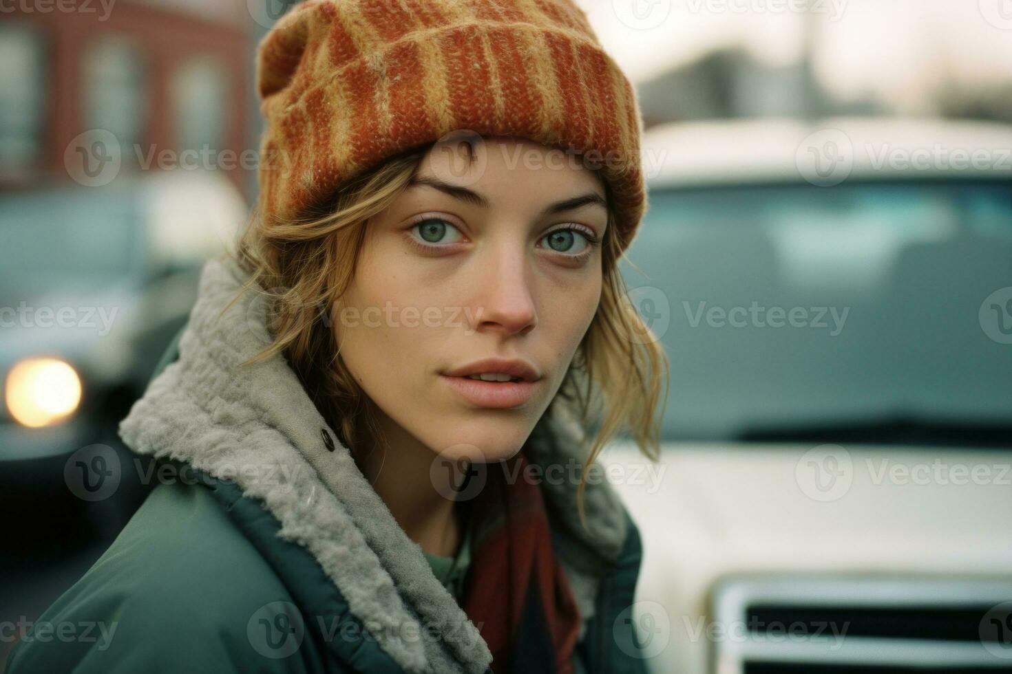 a young woman wearing a beanie and jacket standing in front of a car generative ai photo
