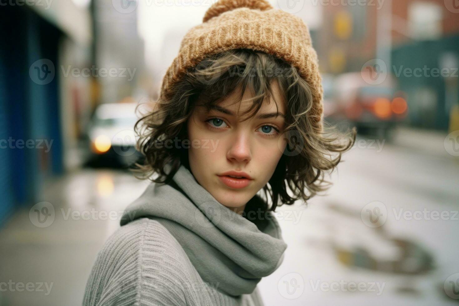 a young woman wearing a beanie on the street generative ai photo