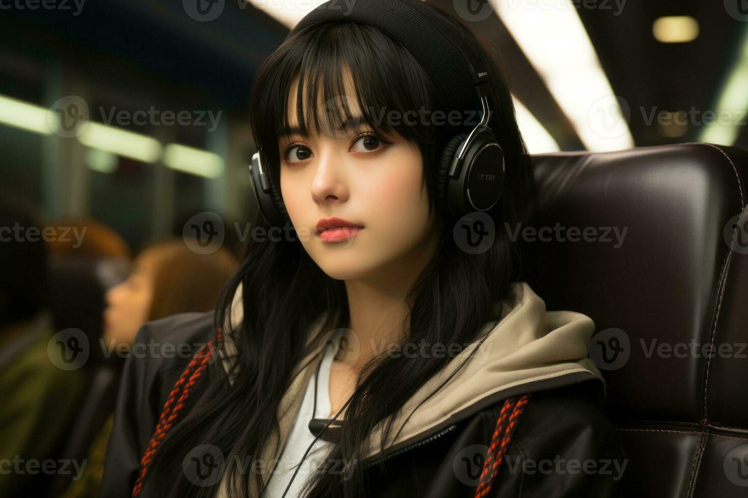 Beautiful woman in casual clothing, looking away, wearing futuristic  headphones generated by AI 28061856 Stock Photo at Vecteezy