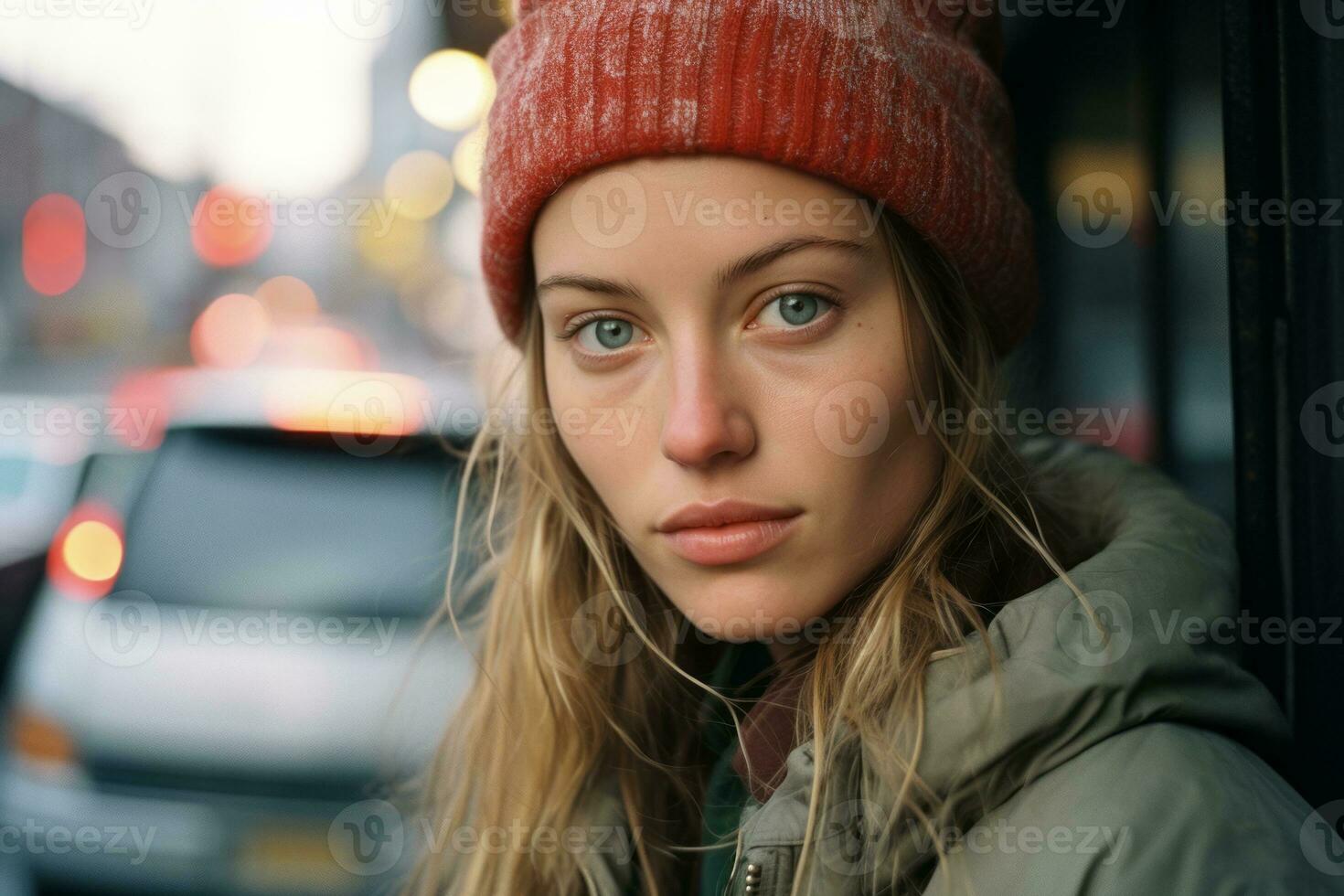 a young woman with a red beanie on in front of a car generative ai photo