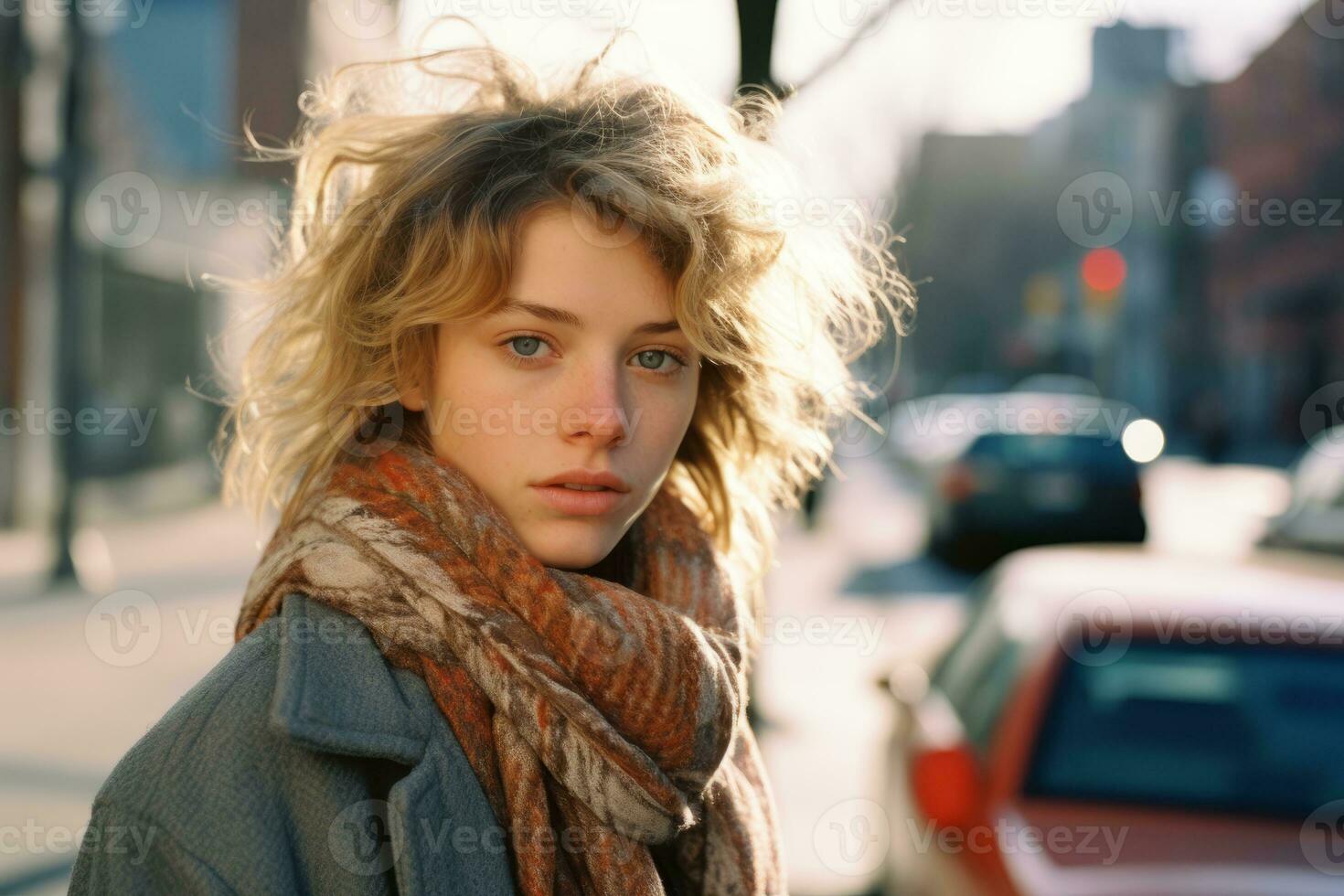 a young woman with a scarf and coat standing on a city street generative ai photo