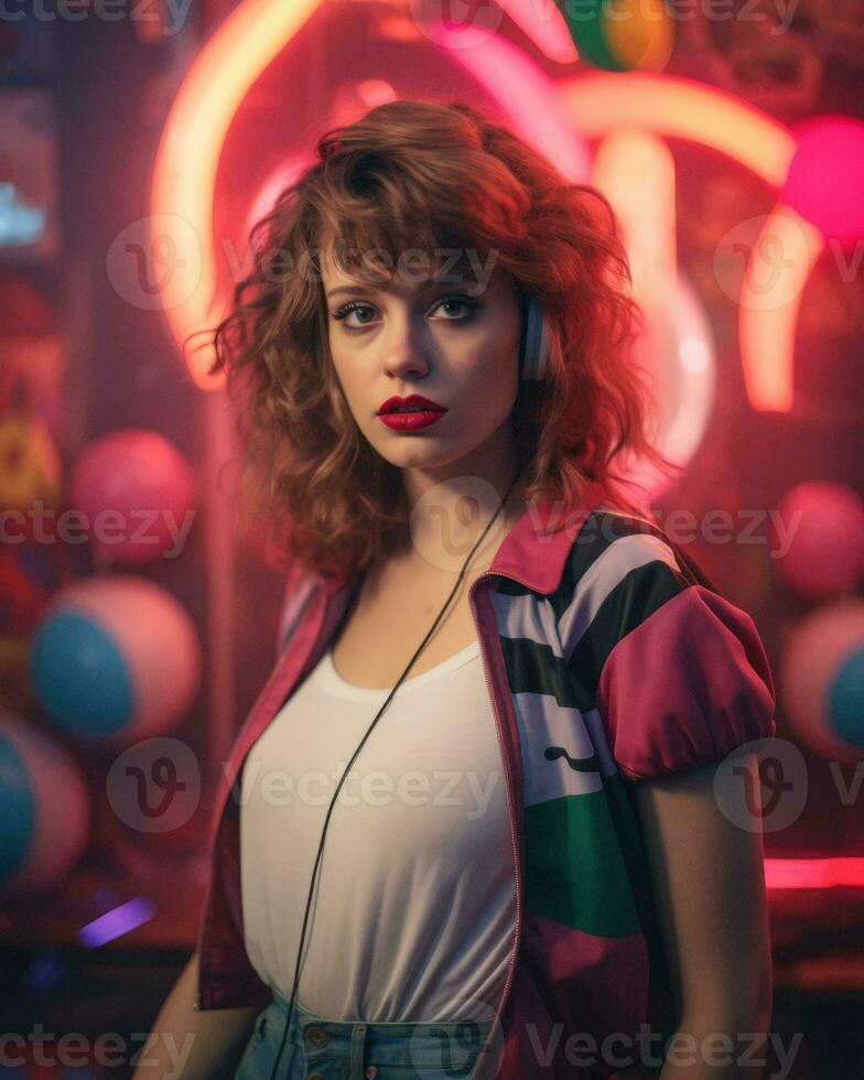 a young woman with headphones and neon lights in the background generative ai photo