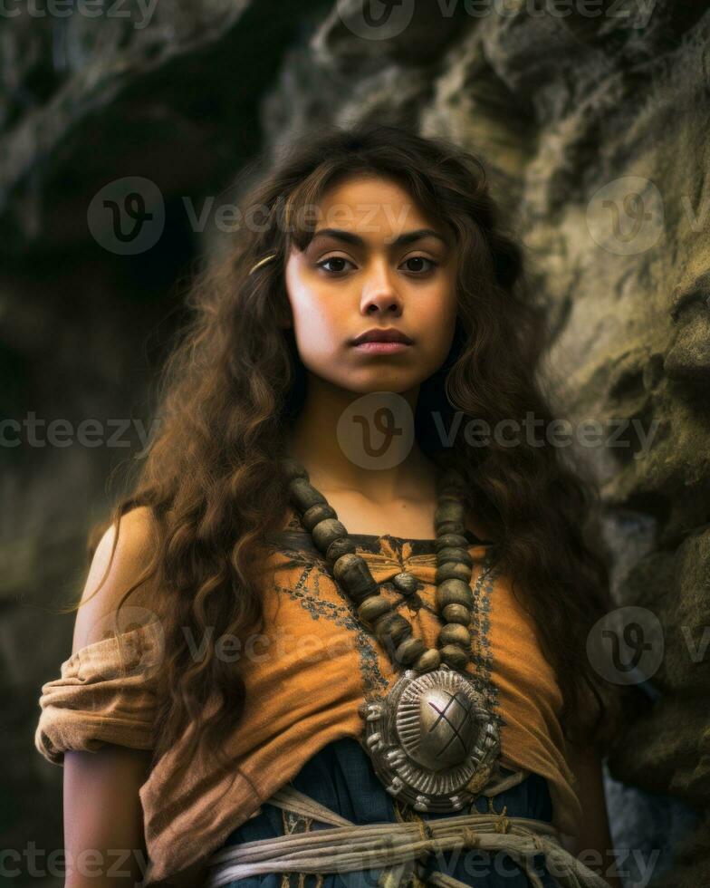 a young woman with long hair and a necklace standing in front of a rock wall generative ai photo