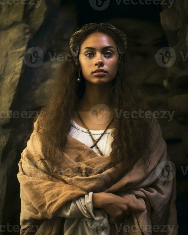 a young woman with long hair and a scarf standing in front of a stone wall generative ai photo