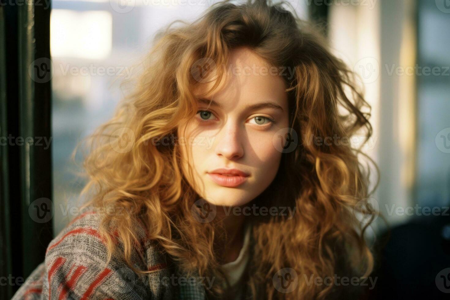 a young woman with long curly hair sitting in front of a window generative ai photo