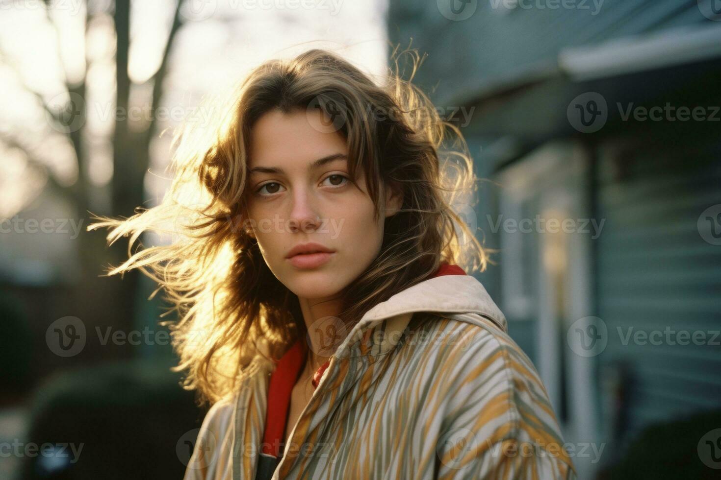 a young woman with long hair standing in front of a house generative ai photo
