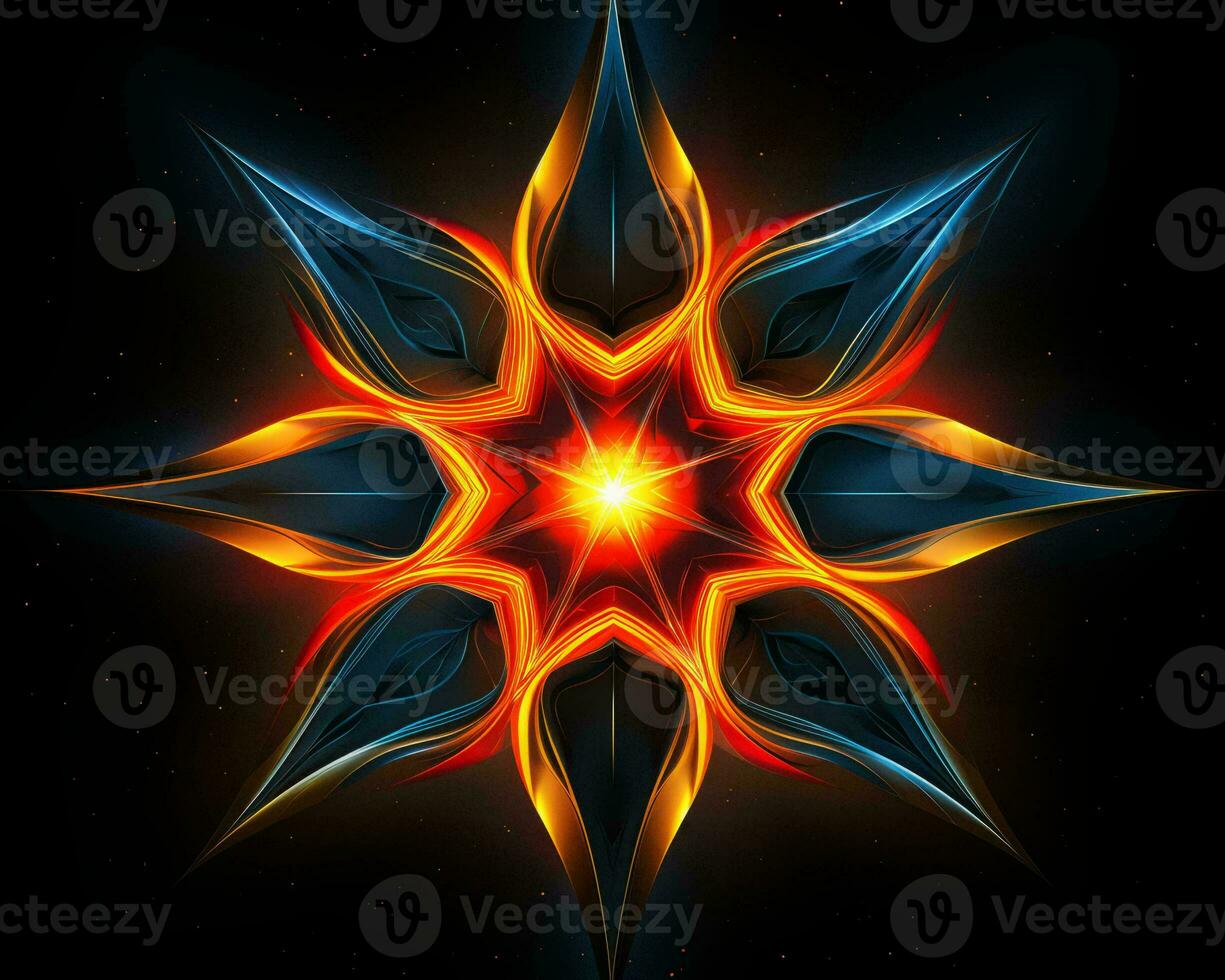 an abstract design of an orange and blue star on a black background generative ai photo