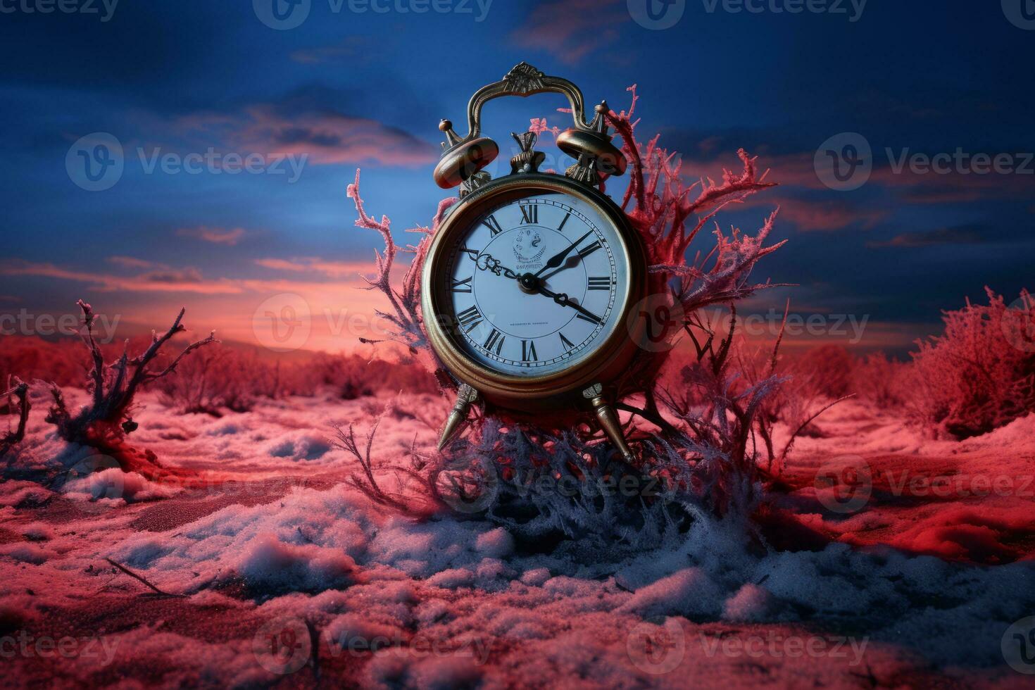 an alarm clock sits in the middle of a snowy field generative ai photo