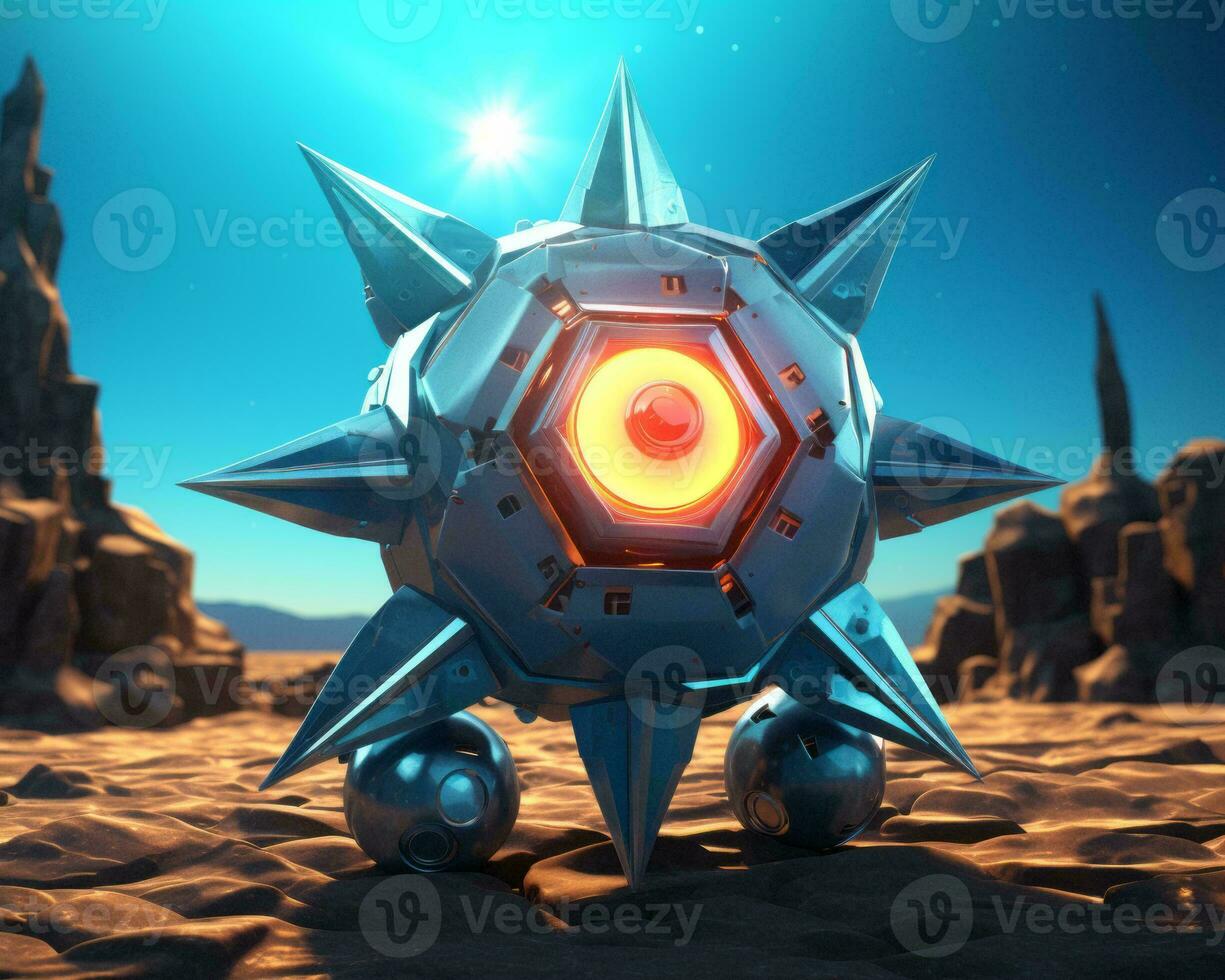 an alien robot standing in the desert with a glowing red eye generative ai photo