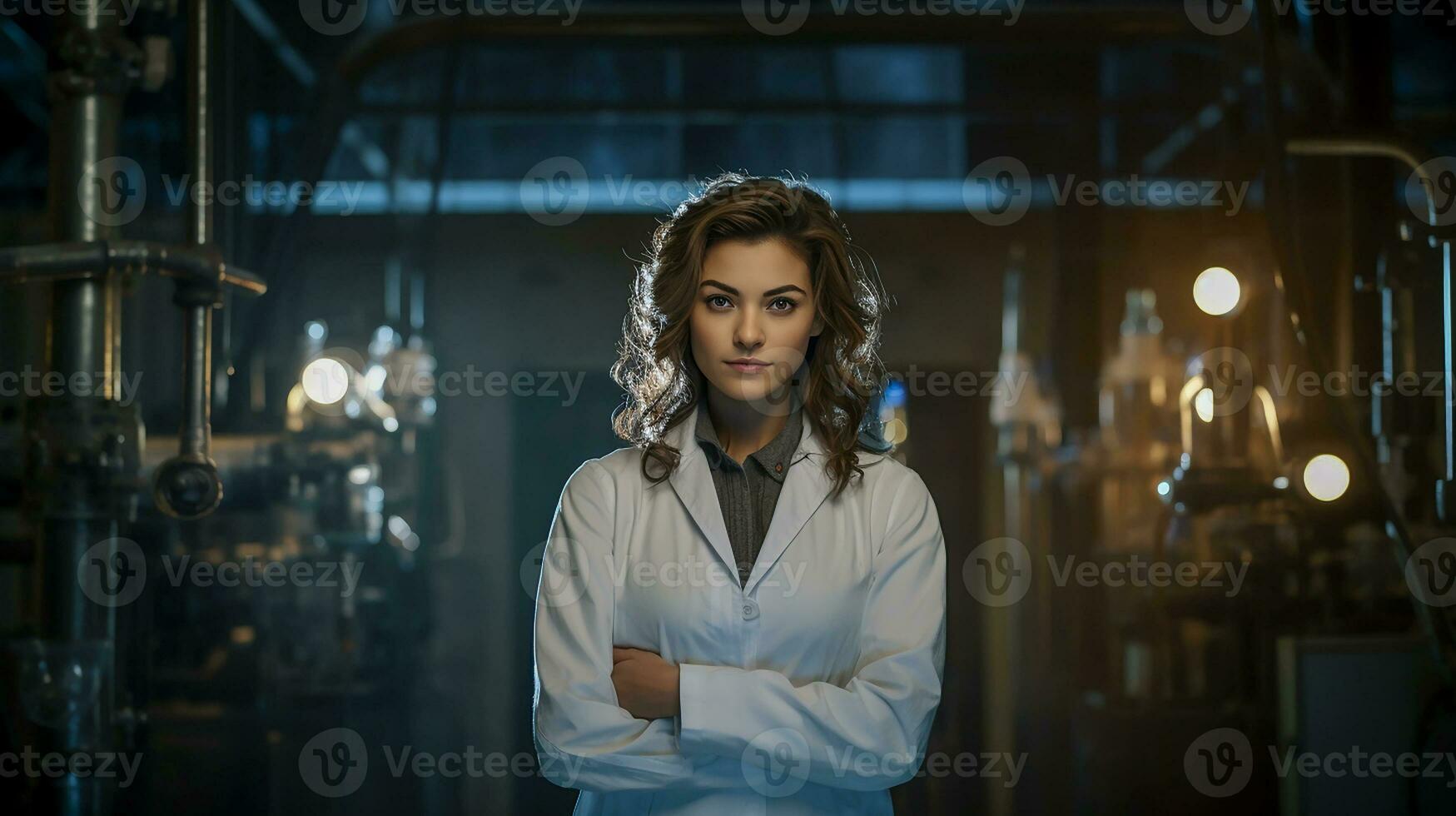 Portrait of a female scientist in lab coat standing with crossed arms and looking at camera. photo