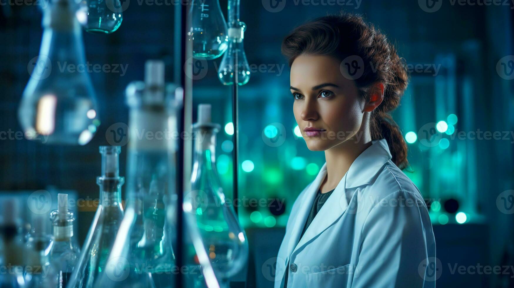 Portrait of a female scientist working in a laboratory. Woman is conducting experiments wearing a scientists coat. Science and technology concept. photo