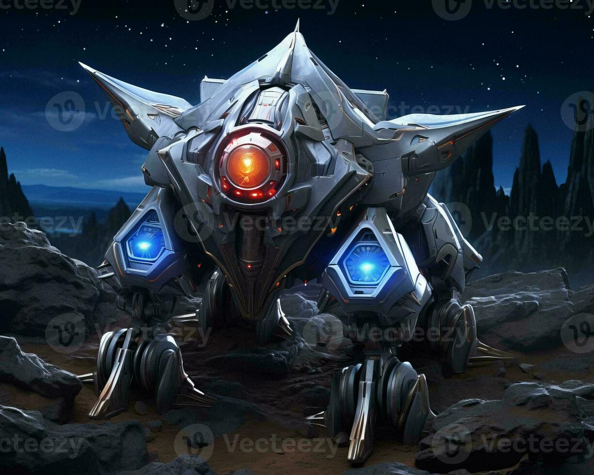 an alien robot standing in the middle of a rocky area generative ai photo
