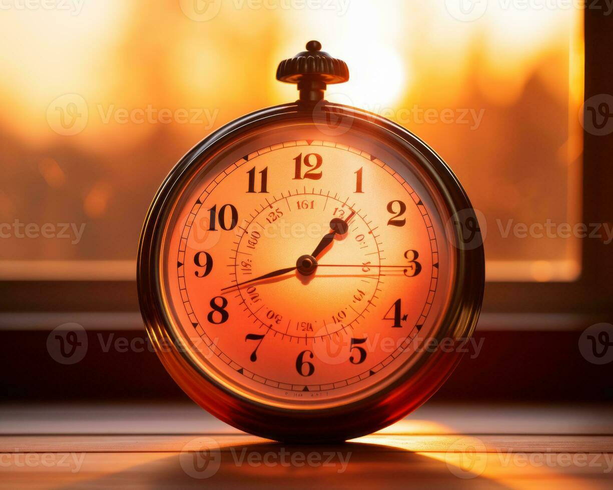 an alarm clock sitting on a table in front of a window generative ai photo
