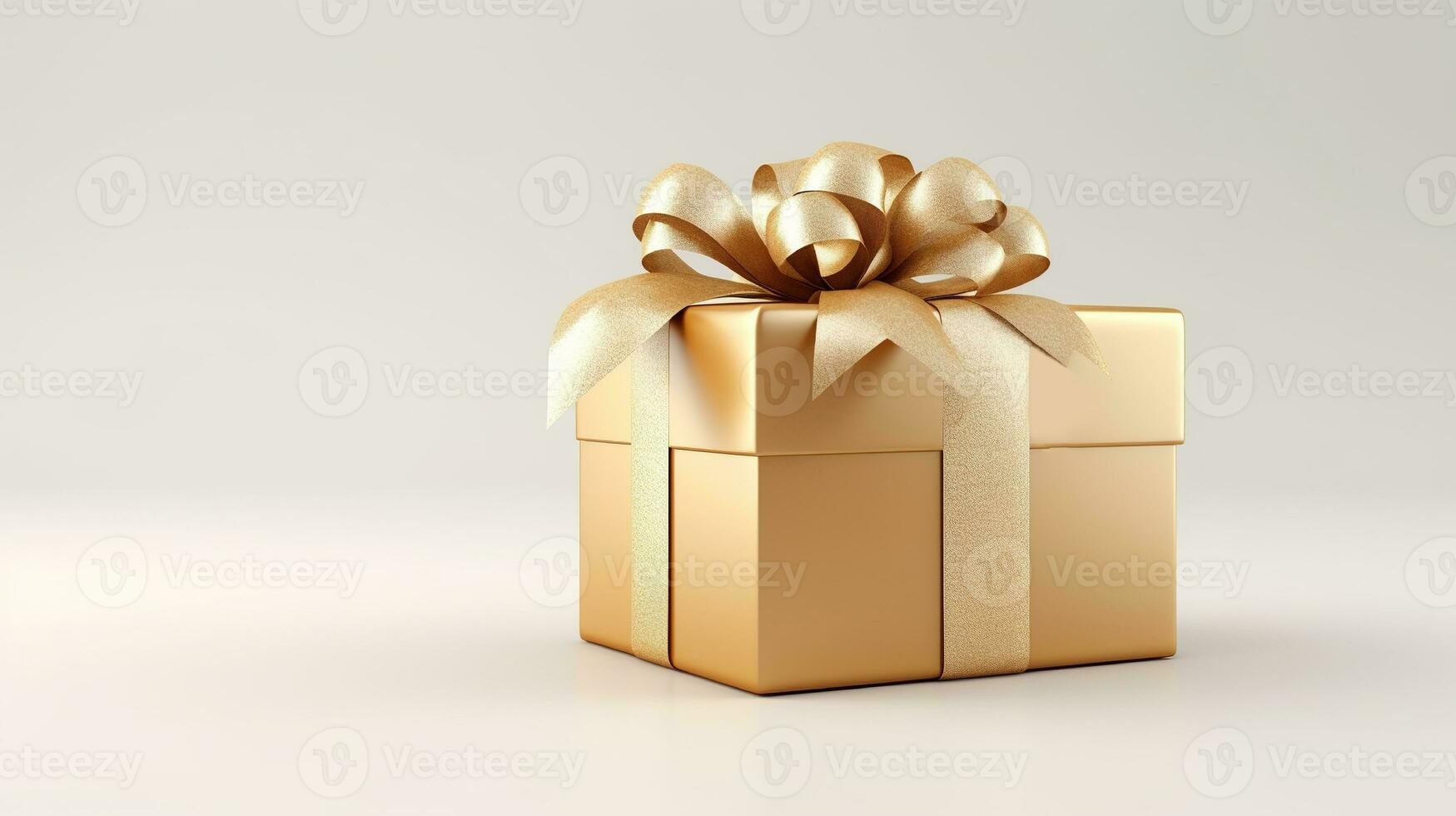 Close view of a closed beige gift box with a beige ribbon on a white isolated background. photo