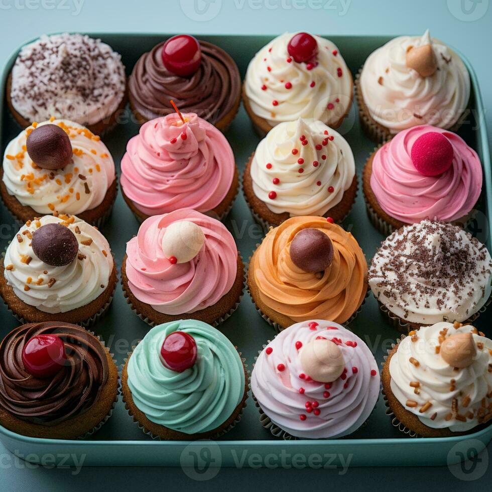 an assortment of cupcakes in a blue box generative ai photo
