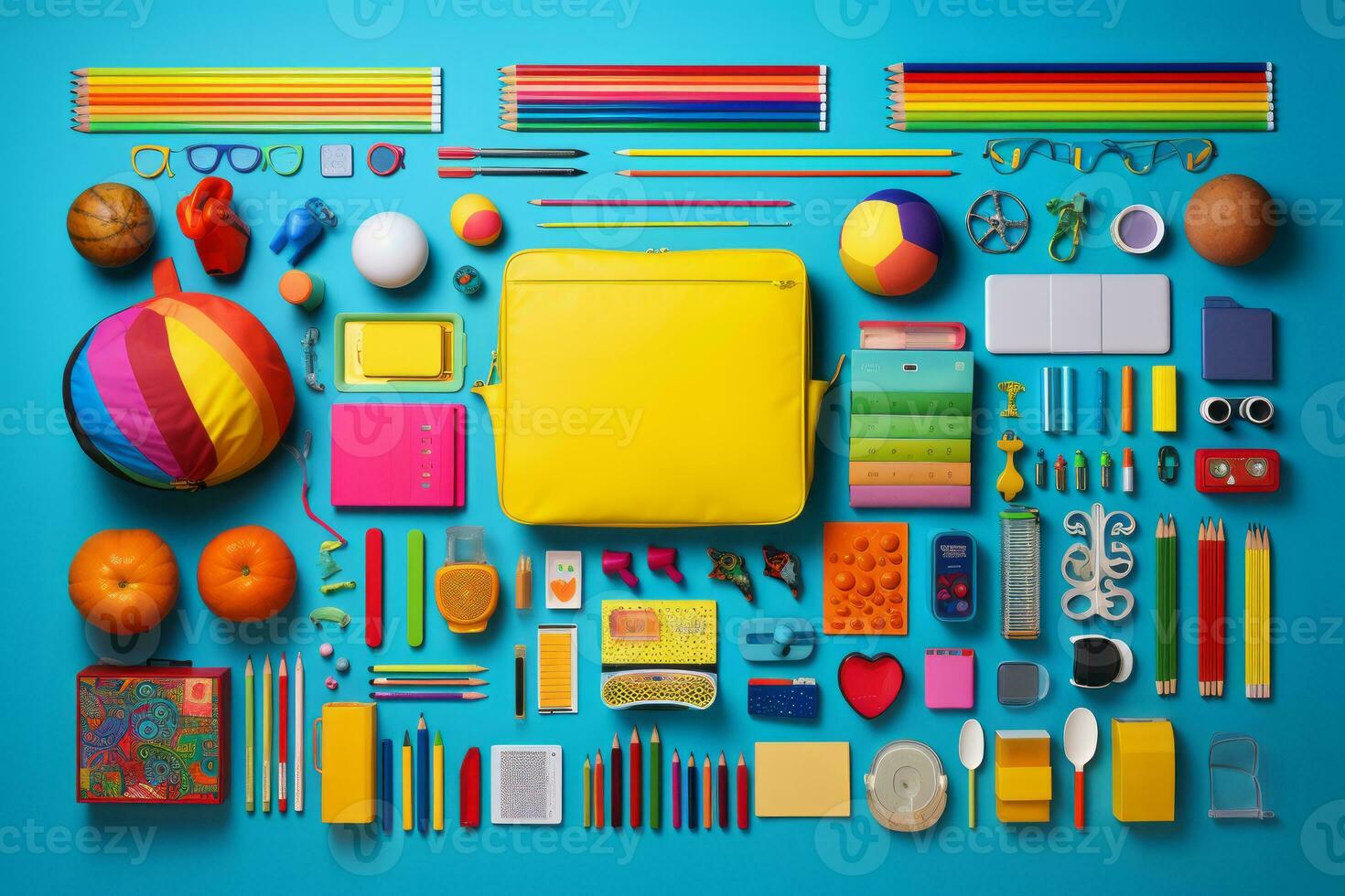 an assortment of school supplies arranged on a blue background generative ai photo