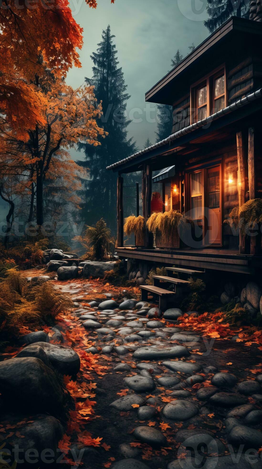 an autumn scene with a log cabin in the woods generative ai 28385530
