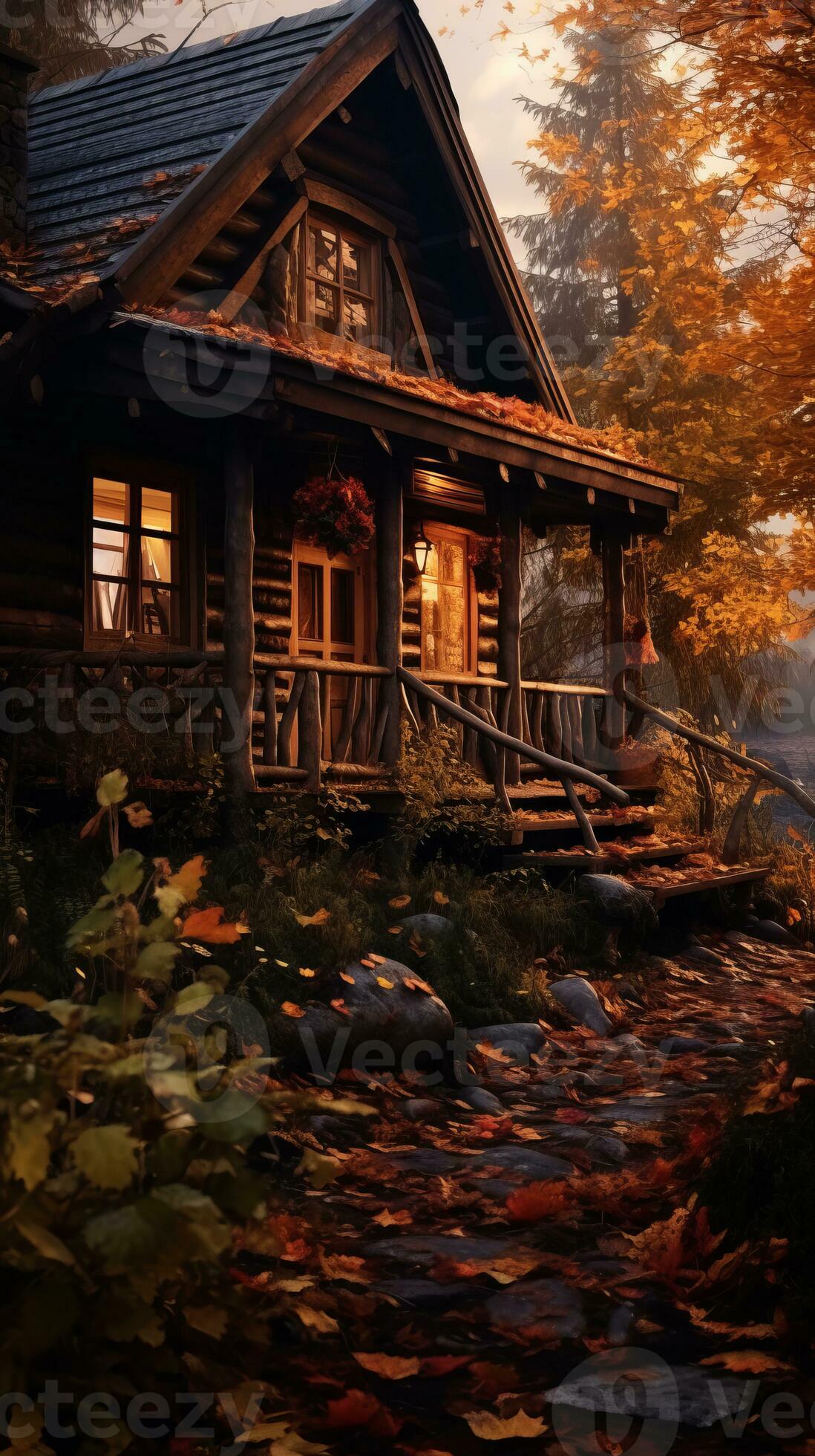 an autumn scene with a log cabin in the woods generative ai 28385542