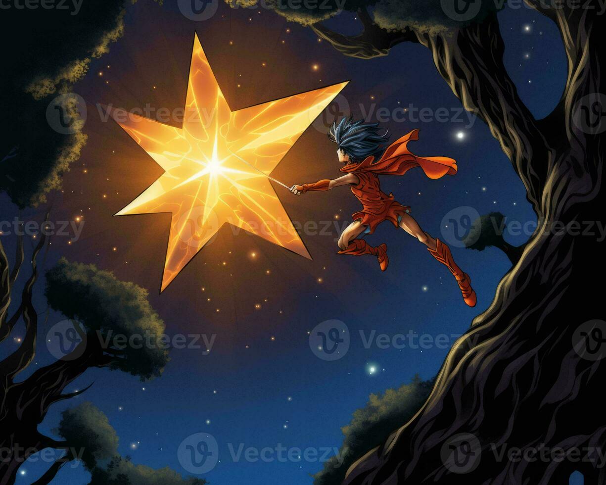 an illustration of a girl flying through the air with a star in her hand generative ai photo