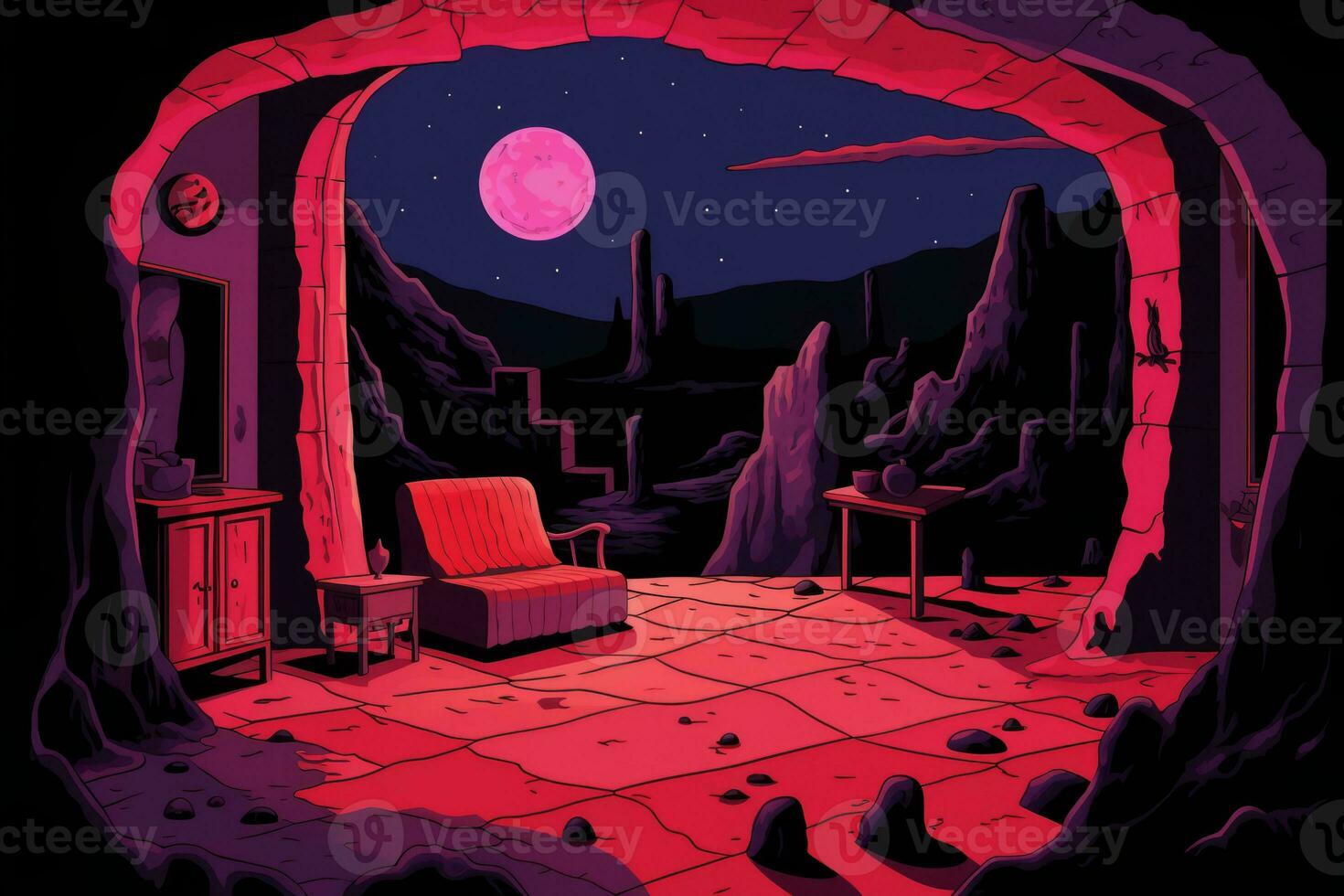 an illustration of a room with a red moon generative ai photo