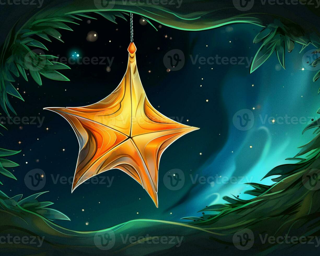 an illustration of a star hanging from a tree generative ai photo