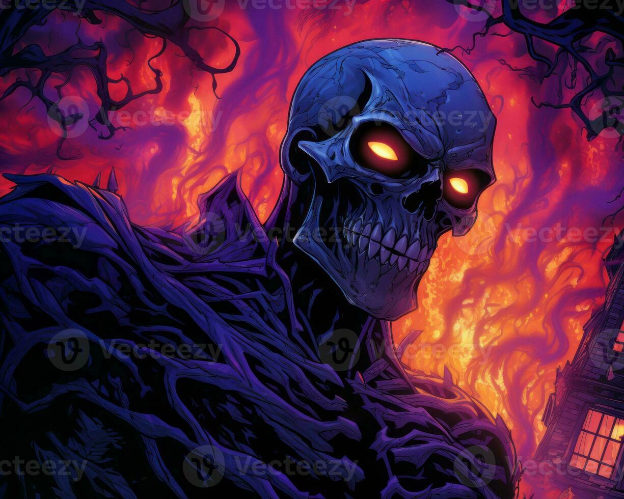 an illustration of a skeleton with glowing eyes in front of a burning building generative ai photo