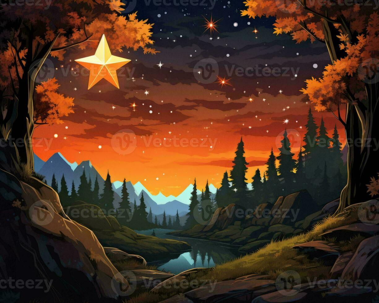 an illustration of a star shining in the sky over a forest generative ai photo