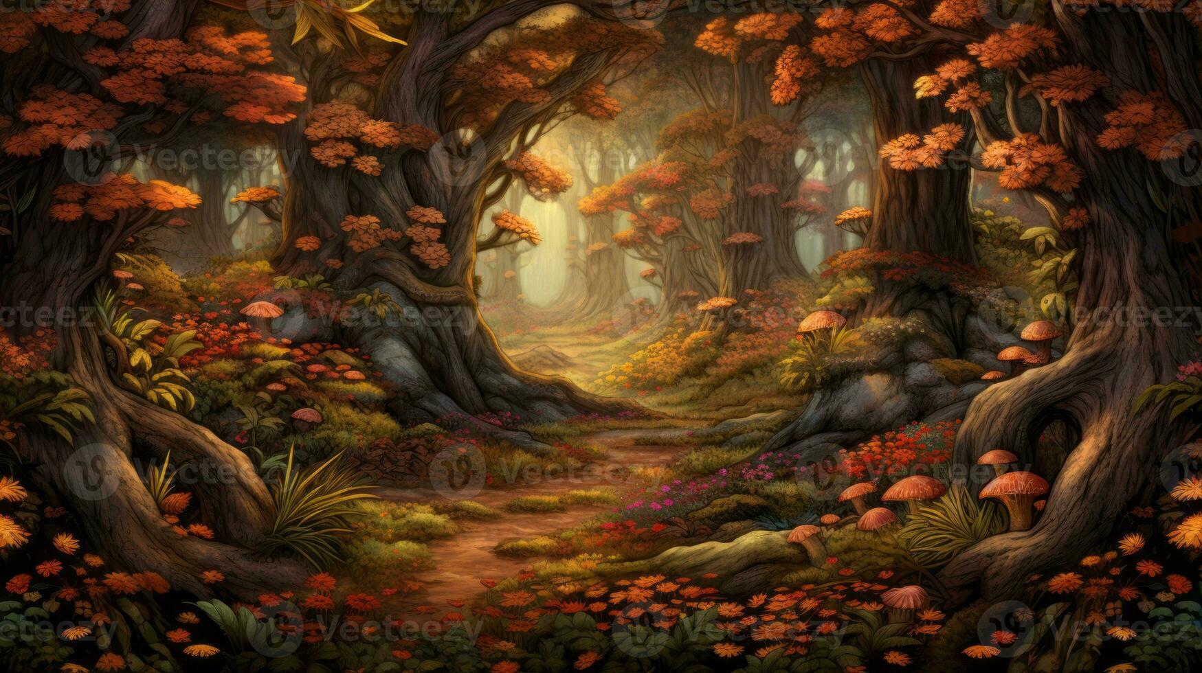 un ilustración de un otoño bosque con hongos y arboles generativo ai foto