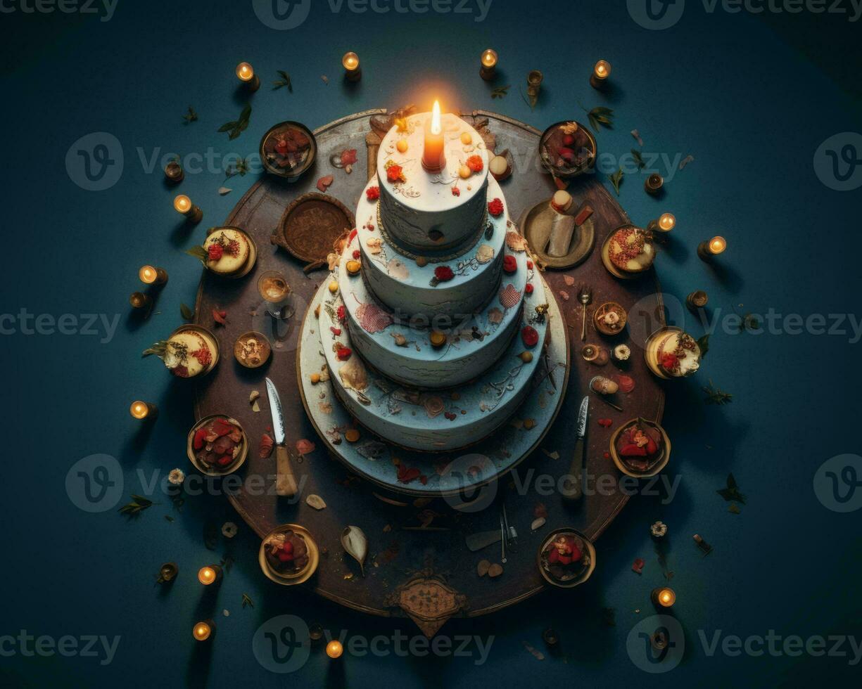 an image of a cake with a lit candle on top generative ai photo
