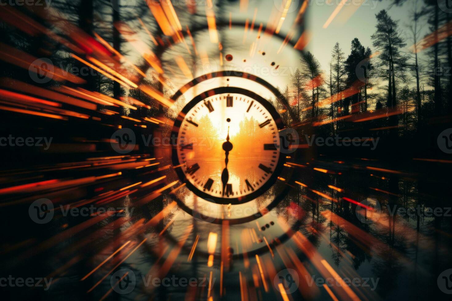 an image of a clock in the middle of a forest generative ai photo