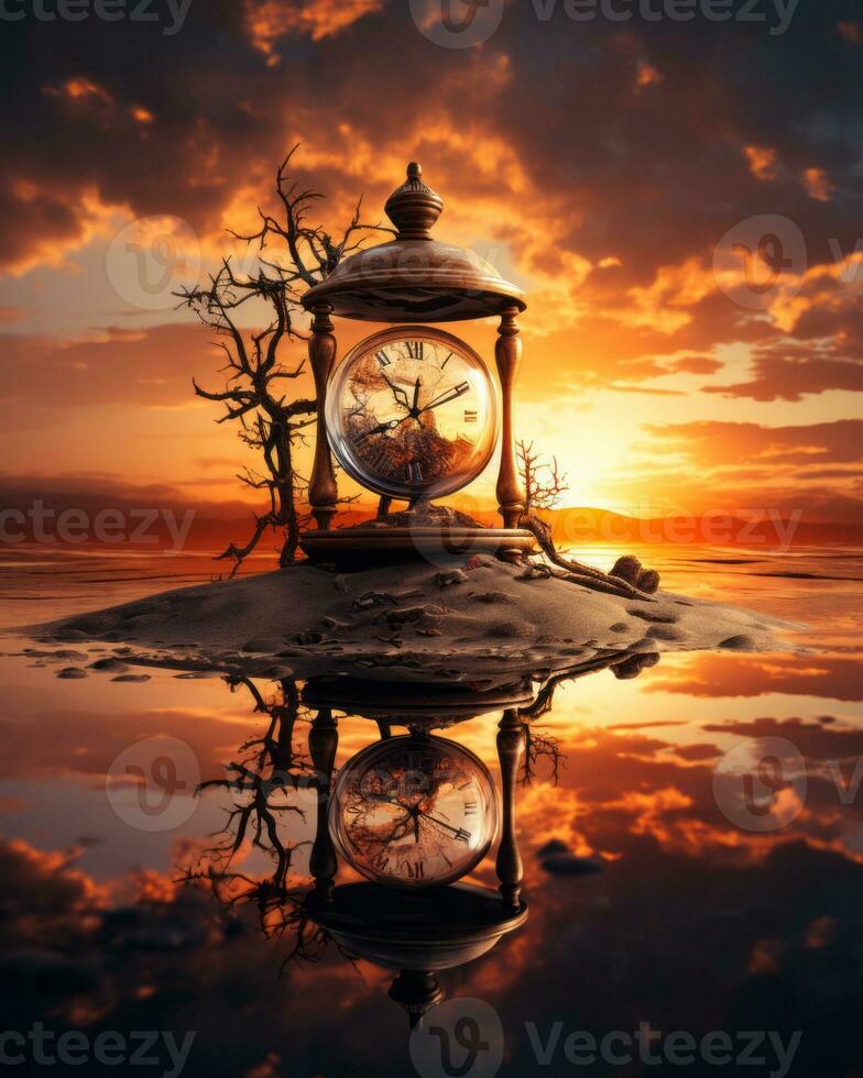 an image of a clock on an island at sunset generative ai photo
