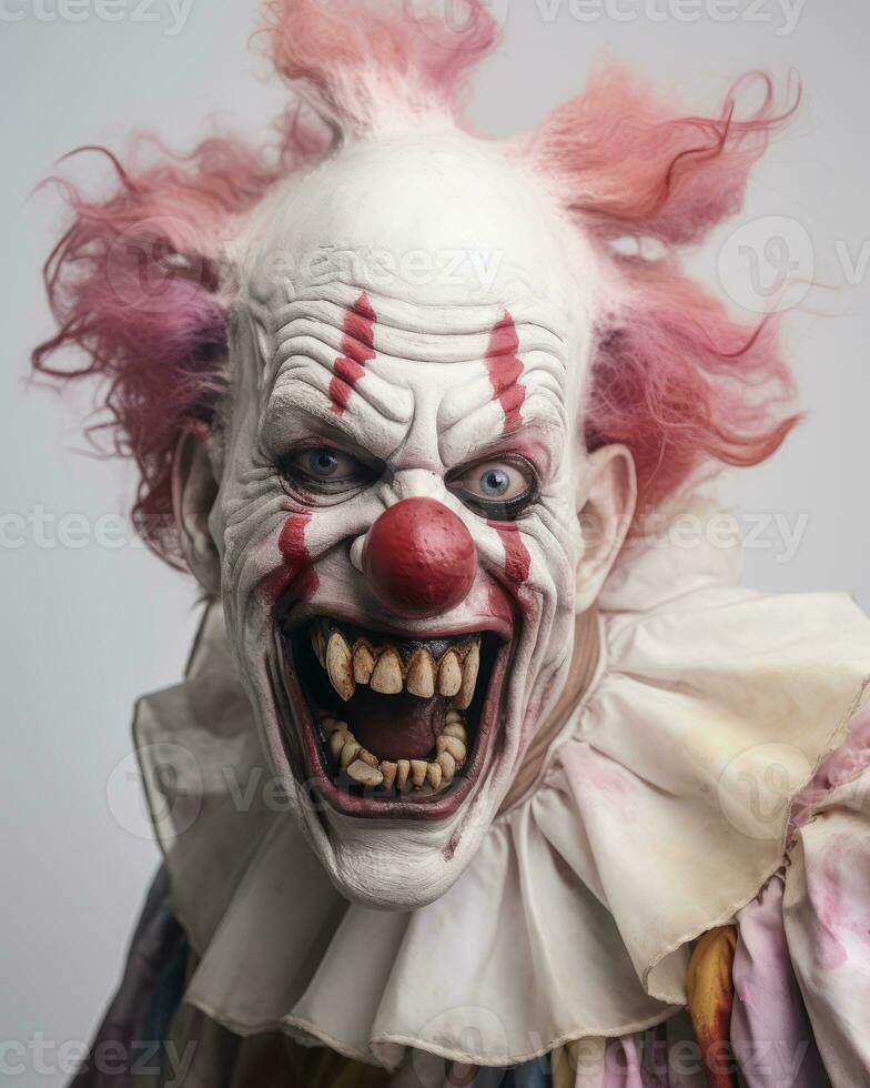 an image of a creepy clown with red hair and teeth generative ai photo