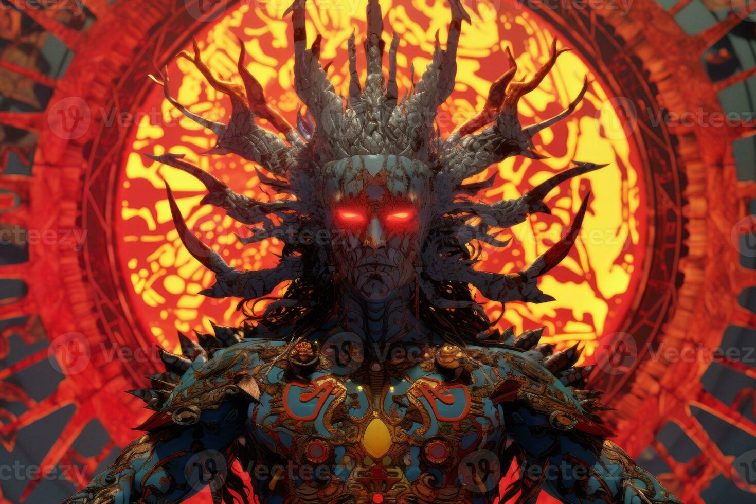 an image of a demon with red eyes in front of a fire generative ai photo