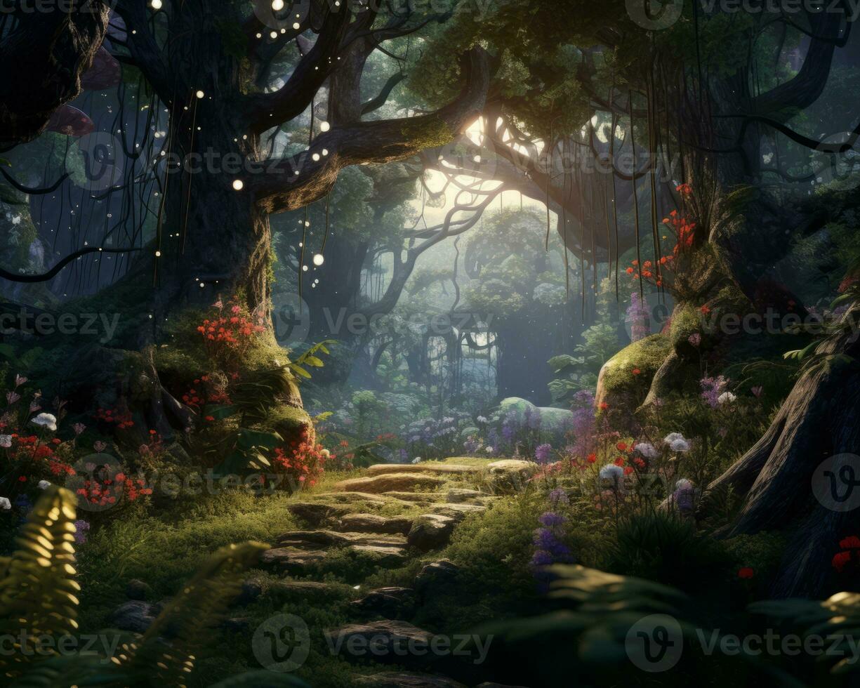 an image of a forest scene with trees and flowers generative ai photo