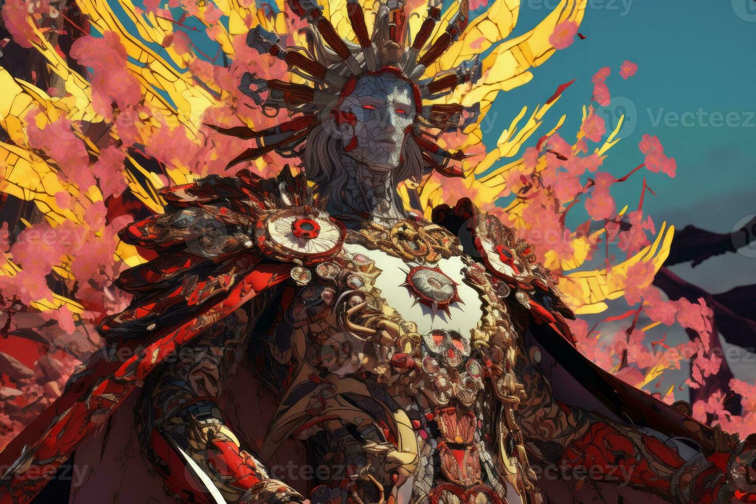 an image of a man in a red and gold costume standing in front of a tree generative ai photo