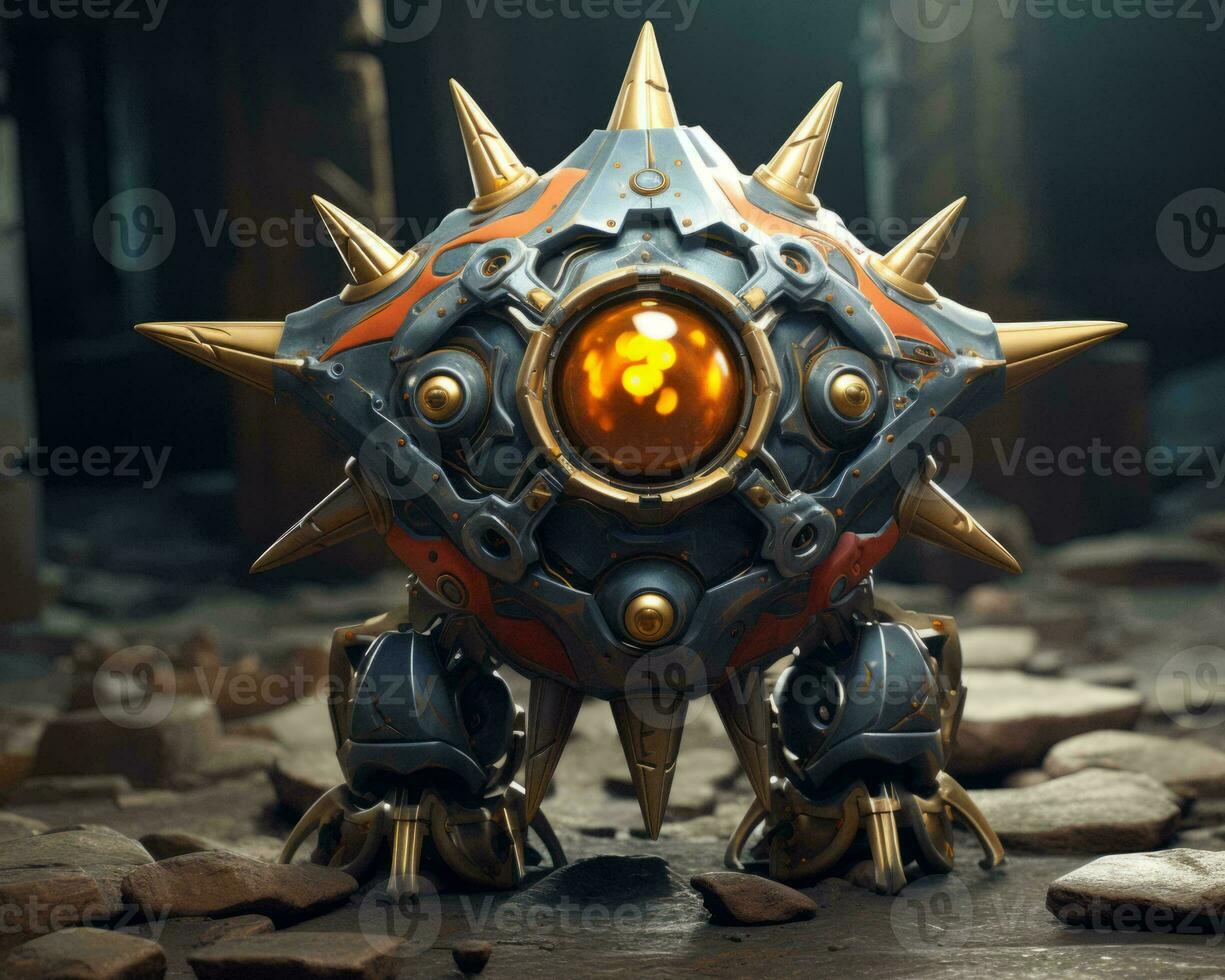 an image of a robot with orange eyes and spikes on it generative ai photo