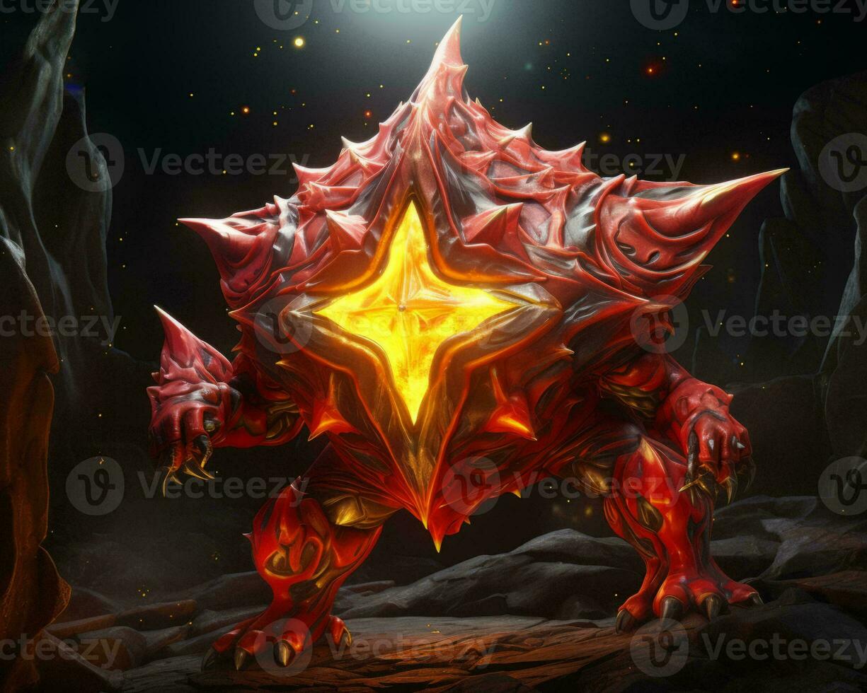 an image of a red and yellow monster with a star on it generative ai photo