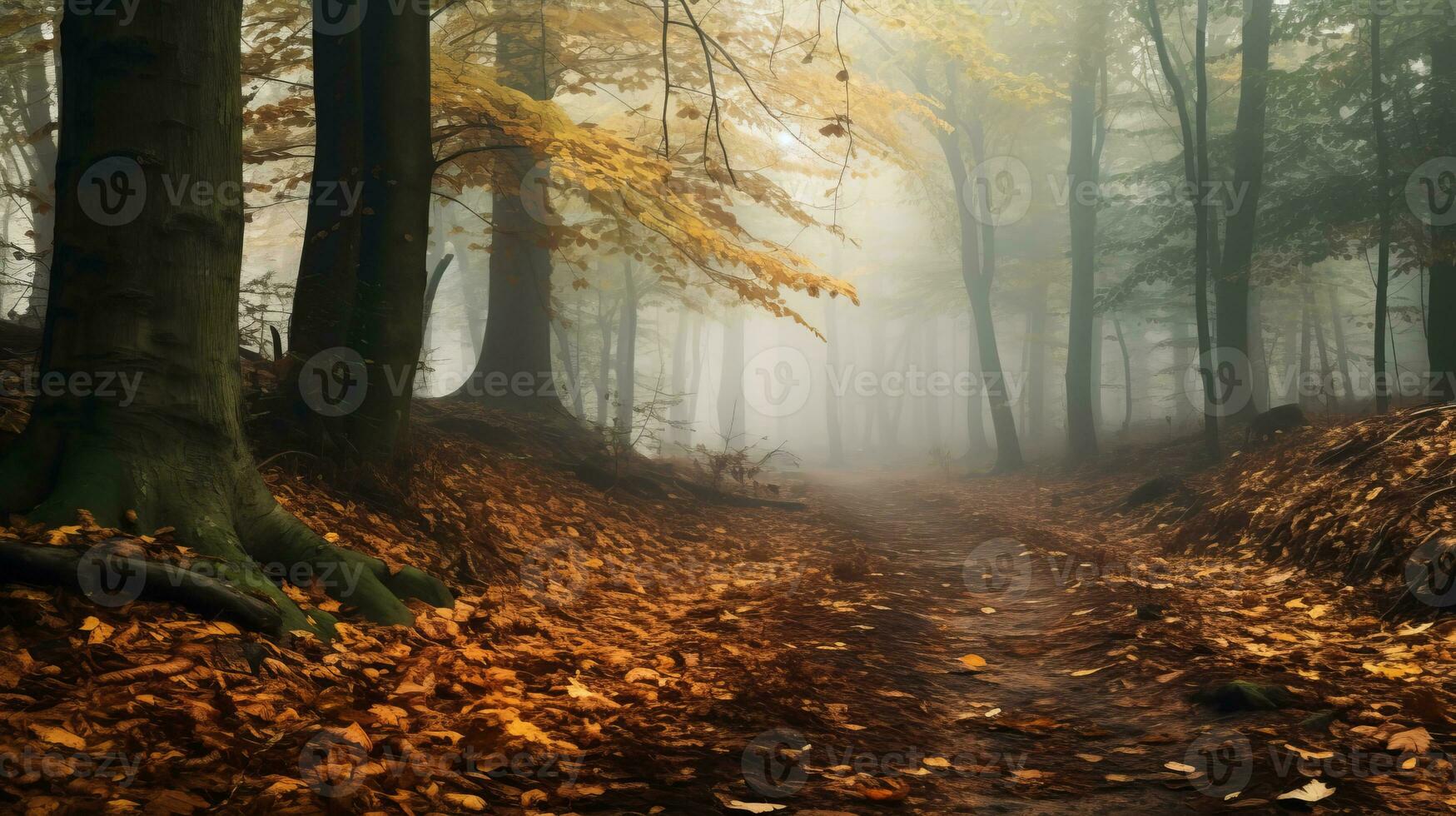 an image of a path through a foggy forest generative ai photo
