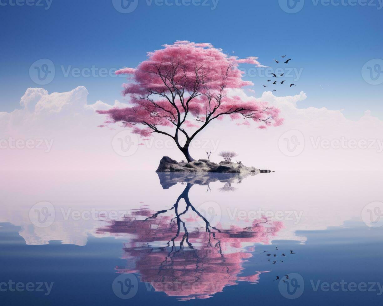 an image of a pink tree in the middle of the water generative ai photo