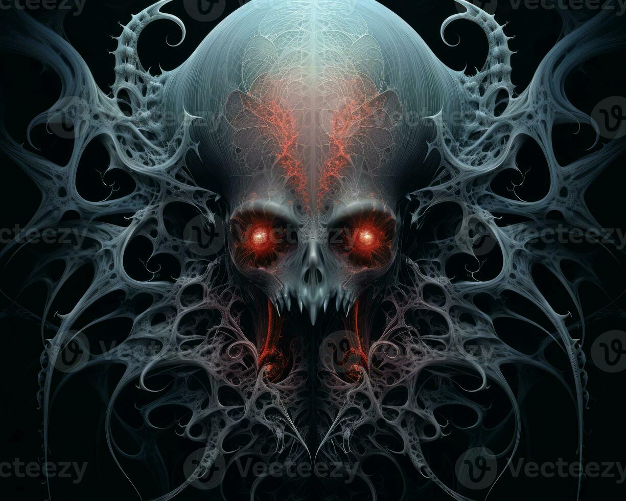 an image of a skull with red eyes on a dark background generative ai photo