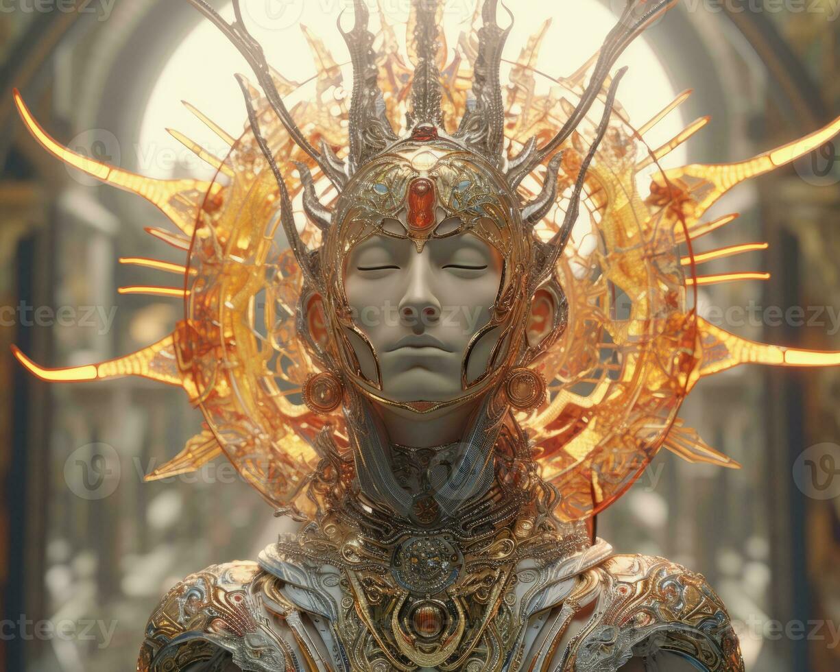 an image of a woman dressed in gold and silver with a crown on her head generative ai photo