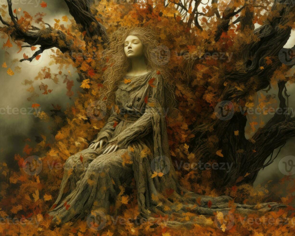 an image of a woman sitting under a tree in autumn generative ai photo
