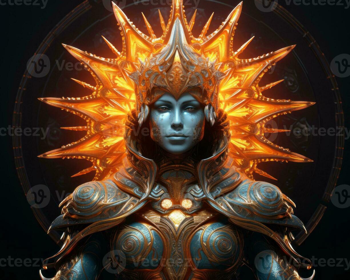 an image of a woman in armor with flames coming out of her head generative ai photo