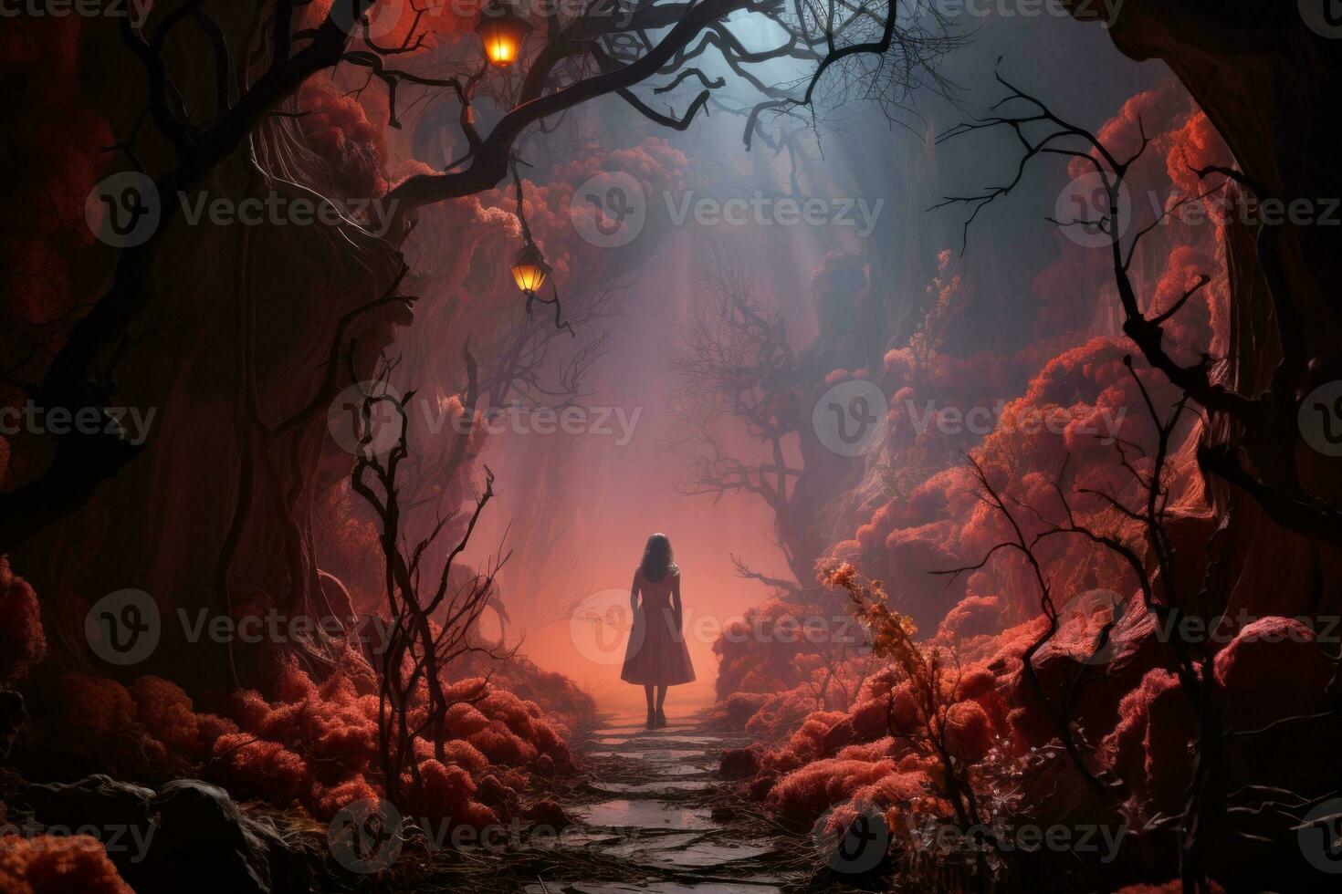 un imagen de un mujer caminando mediante un oscuro bosque generativo ai foto